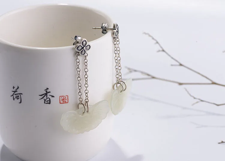 FNJ Hetian Jade серьги из 925 серебра,, Чистое Серебро S925 пробы, висячие серьги с кисточкой для женщин, ювелирное изделие, клевер