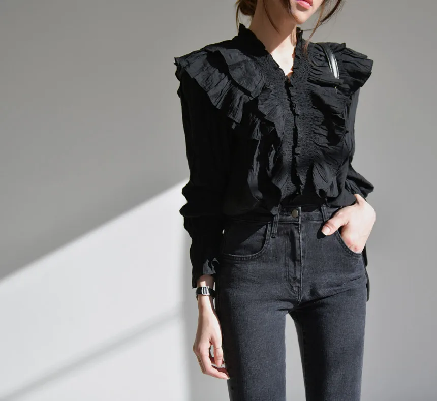 Hb0986e1fbec54189b81889fa0a6e4d63w - Spring / Autumn V-Neck Long Sleeves Ruffles Pleated Solid Blouse