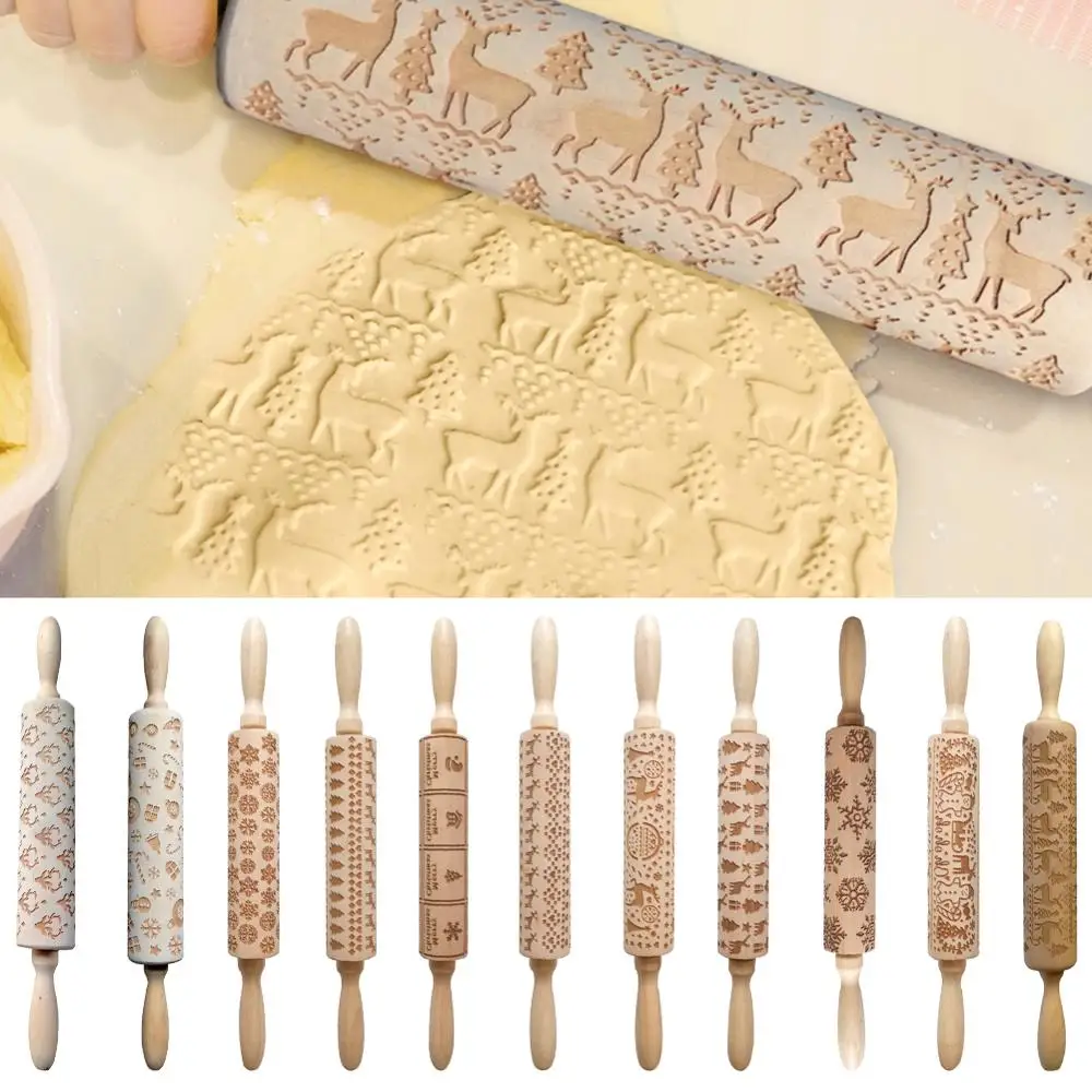 

Christmas Snowflake Elk Wooden Rolling Pin Baking Cookies Fondant Dough Engraved Roller DIY Tool Christmas Embossing Rolling Pin