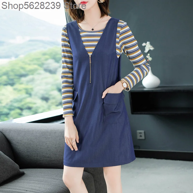 

Cowboy Strap Skirt Female 2020 Age Reduction Big Size Foreign Style Loose V Collar Sleeveless A Word Skirt Chao