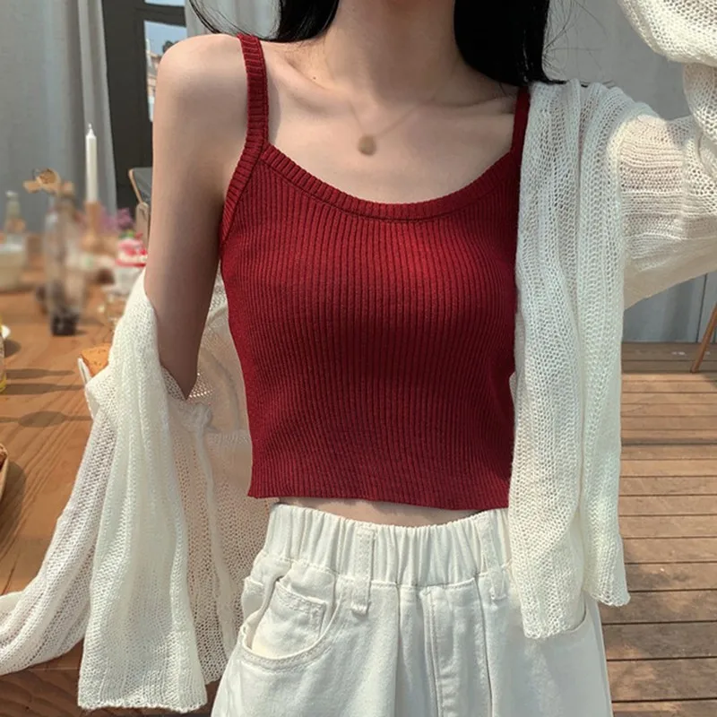 Summer Women's Rainbow Color Tank Top Sexy Square Collar Solid Sleeveless Camis Pullover Knitted Vest nude camisole