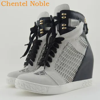 

Chentel Noble Girls Red Lemon Patchwork Breathable Hollow Out Sneakers 5-8cm Wedge Heel Height Increasing Ankle Leisure Shoes