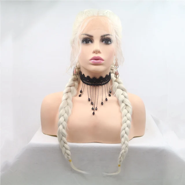 Braided Lace Front Wigs Ombre Braid Black Synthetic Wig Blonde 2 Braids Highlight Big Braiding Ponytail Baby Hair For Women 60 Ash Blonde