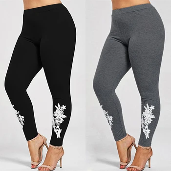 

Fashion Skinny Women fitness leggings Casual Floral Print Mid Waist elastic Ladies Trouser Plus Size Appliqued Jersey Leggings