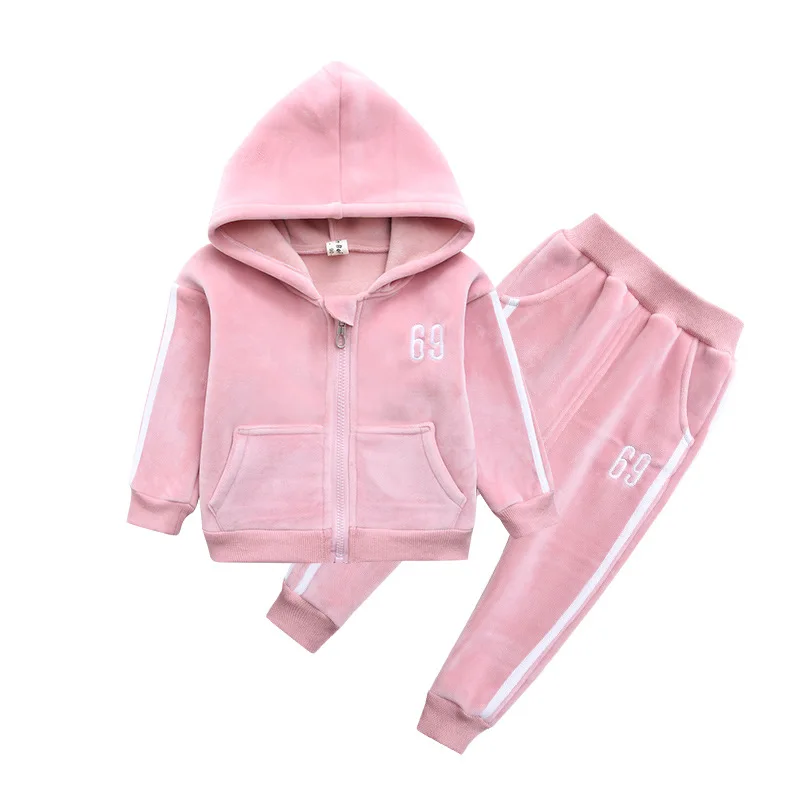 Розовый YK5071 Girls autumn new gold velvet female baby suit fashion children's casual two-piece cardigan sports suit - Цвет: Розовый