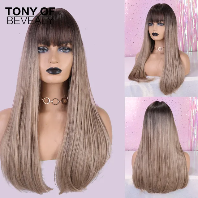 Long Straight Brown Ombre Natural Hair Wigs Middle Part Heat Resistant Synthetic Wigs for Afro Women Daily Cosplay Fashion Wigs lc169-1