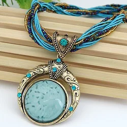 Vintage Bohemian Multilayer Beaded Pendant Necklace (Blue)