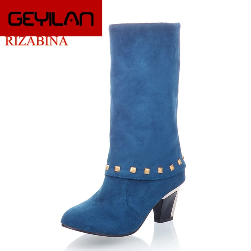 

Size 32-43 Women Mid Calf Boots Warm Winter High Heel Boots Round Toe Rivets Woman Elegnat Mature Shoes Women Footwear