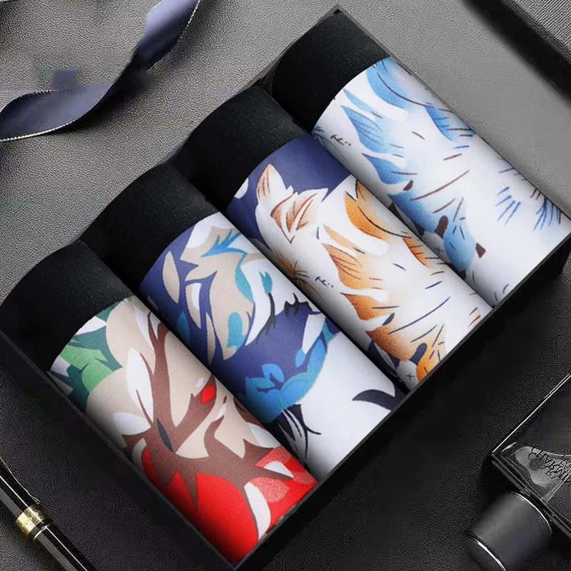 Men's Underwear 4XL Ice Silk Soft Comfortable Undies Breathable Printing Fashion Man Boxer Briefs Men Underpants 4XL