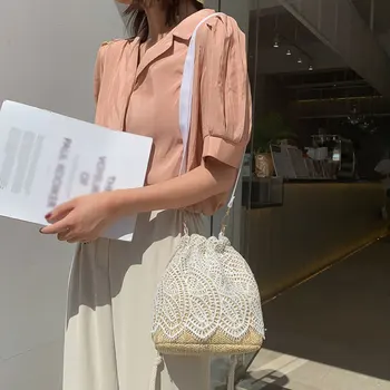 

Women Handbag Straw Lace Messenger Bag Bucket Bag For Women Bohemian Crossbody Drawstring Bag Sweet Fashion Khaki White Handbag