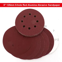 Disques abrasifs en oxyde d'aluminium rouge, 5 pouces, 125mm, 8 trous, grain 40 à 2000, pour le bois et le métal 
