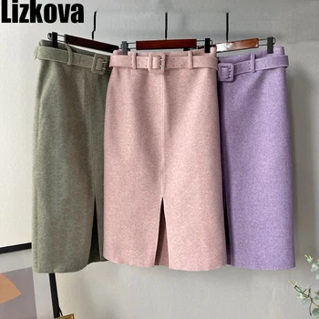 

Lizkova Pink Pencil Skirt Autumn 2020 Women High Waist Knee-length Split Skirt With Belt Elegant Official Ladies Skirts 2810