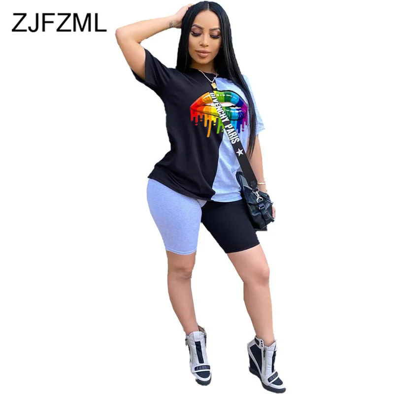 Plus Size Casual 2 Piece Matching Sets Women Lips Print Slim Fit T Shirt Skinny Short Summer Color Block Sportswear Outfit |