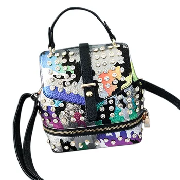 

Punk Style Mini Ms.Backpack Camouflage Pattern Backpack Girl Pu Leather Shoulder Bag Diamond Silver