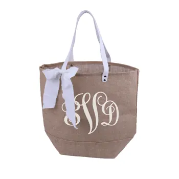 

Personalized Burlap Tote Handbag with Ribbon Monogrammed Beach Grocery Shopping Bag Bridesmaid Gift Faux Leather Handle