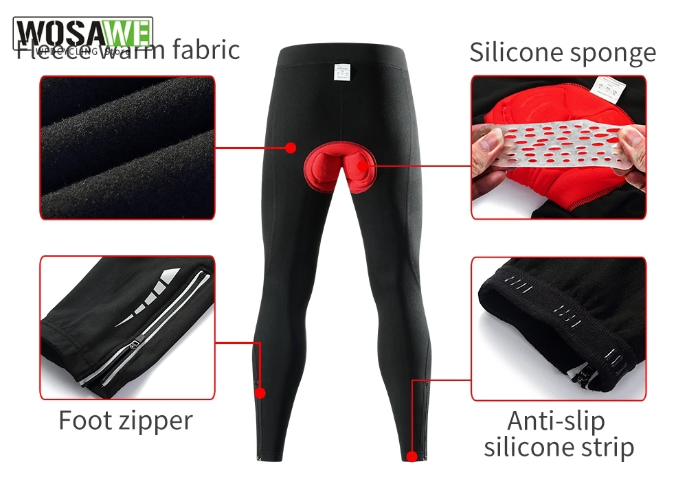 WOSAWE Cycling Pants Winter Fleece Thermal Bicycle Tights Men Cycling Pants Windproof Bike Reflective Gel Padded Long Trousers