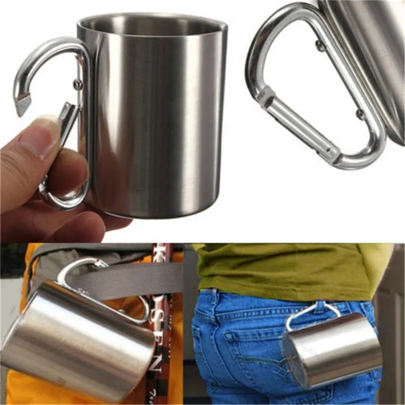 330ml Outdoor Camping Double Wall Cup Stainless Steel Coffee Mugs Carabiner Hook 