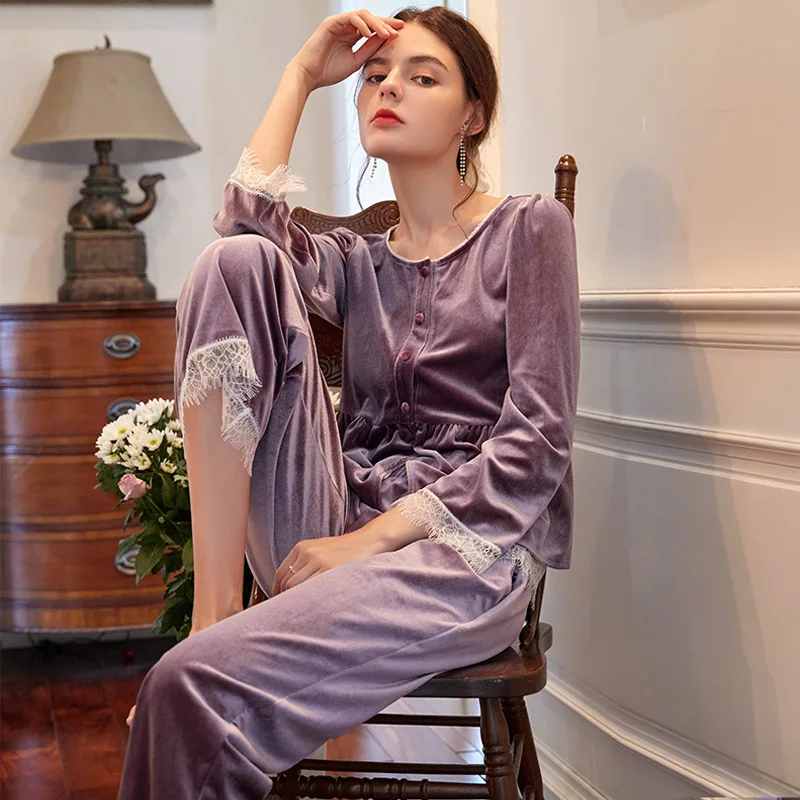 

Button Solid Top Pants Loose Sweet Plus Velvet Casual Home Sleepwear Two-piece Pajamas For Women Long-sleeve Lace Cardigan