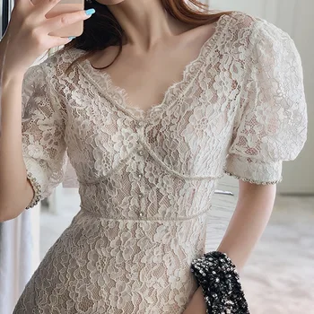 

White Luruxy Lace Dress Diamond Buttom Party Elegant Dresses Lantern Sleeve High Waist V Neck Female Vestidos 2020 Fashion