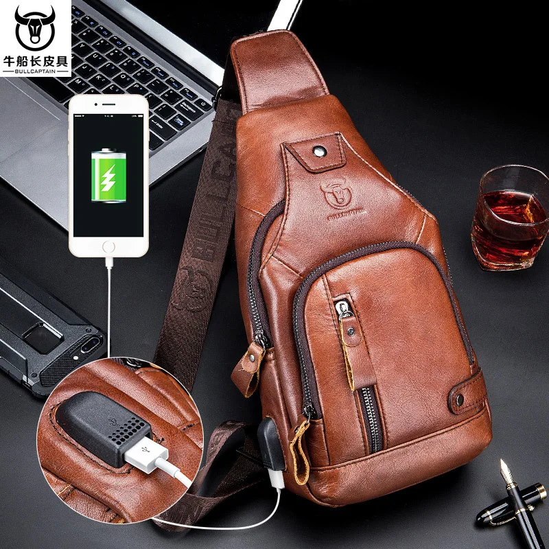 

Bull Captain Leather Goods Full-grain Leather Men's Chest Soft Leather Pannier Bag Trend Genuine Leather Outdoor Casual Large-Vo