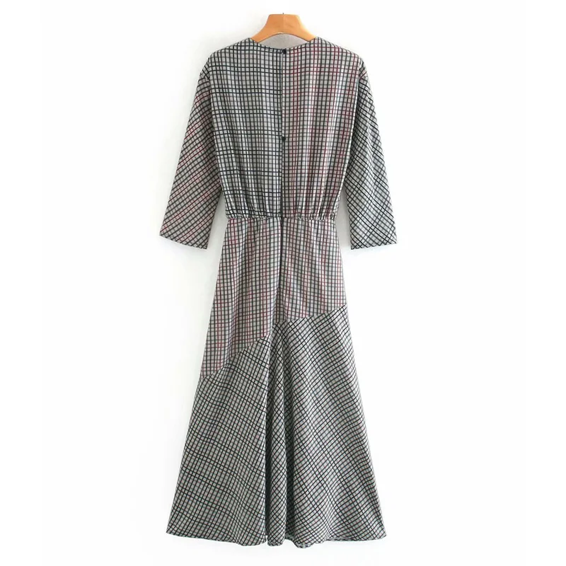 Za Summer Plaid Midi Dress Women O-neck Draped Dresses Long Sleeve Gathered Waist Lady Fashion Office Dress Back Buttons and Zip