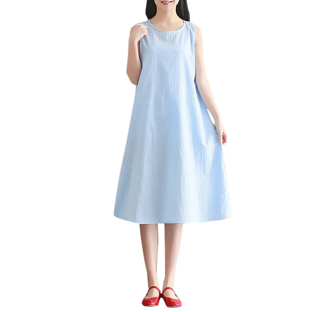 sky blue Женское Повседневное платье макси из хлопка и льна с круглым вырезом без рукавов свободное однотонное платье свободного кроя - Цвет: sky blue