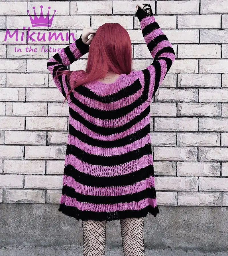 Gothic Grunge Striped Knitted Sweater Women Long Pullovers