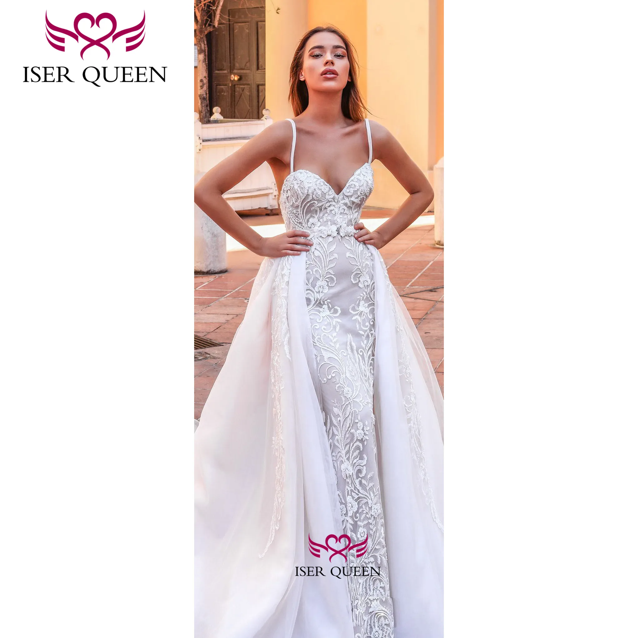 

Spaghetti Straps Embroidered Lace on Net Detachable Wedding Dresses Sexy Backless Chapel Train Vestido Novia Sirena W0660