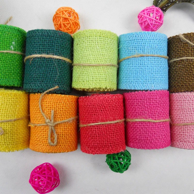 Cheap 2M width 6cm Colorful Natural Jute Burlap Ribbon Jute Fabric Roll Hessian Ribbon Trims Tape Rustic DIY Wedding Par AA8043