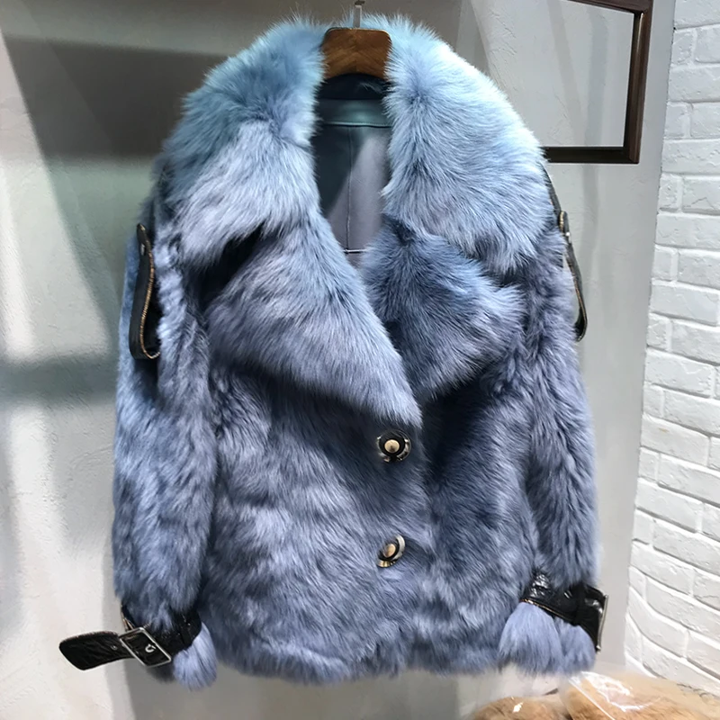 Blue Пальто из натурального меха, женская зимняя Шерстяная парка, кожаная куртка для женщин, натуральный мех, куртка для женщин, корейский стиль, двусторонний мех, Топ Hiver 1915 - Цвет: Blue