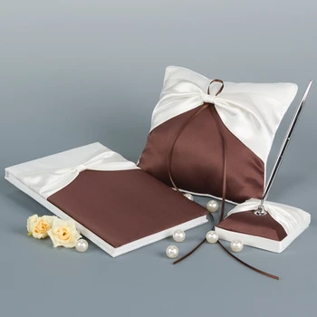 

Brown Color Wedding Collection Set in Satin With Sash (Set of 3 ) Wedding Guestbook Ring Pillow Pen Set