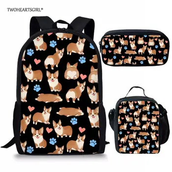 

Twoheartsgirl Cute 3pcs/set Corgi Dog Print Children Bookbags Lovely Student Kids School Bag High School Student Backpacks