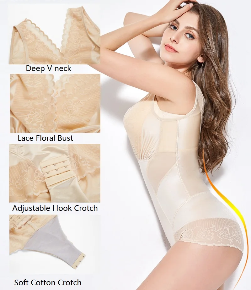 NINGMI Slimming Body Shapers Bodysuit Control Panties Waist Trainer One-piece Seamless Deep V Dress Shapewear Warm Uterus Corset
