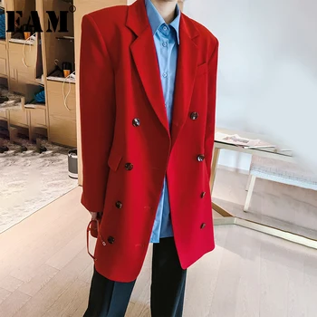 

[EAM] Women Red Double Breasted Belt Blazer New Lapel Long Sleeve Loose Fit Jacket Fashion Tide Spring Autumn 2020 1R356