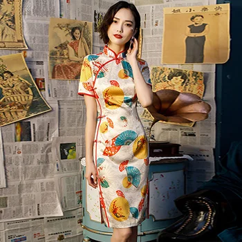 

2020 Summer New Fashion Pattern Chinese Dress Short Qipao Dresses Women Clothing Cheongsam Modern Vestido Chino Mujer Knee Qipao