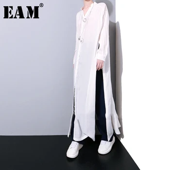 

[EAM] 2020 Spring Casual Big Size Solid Color Spilt The Fork Single Breasted Loose Waist Women's Long Shirt Blouse K465