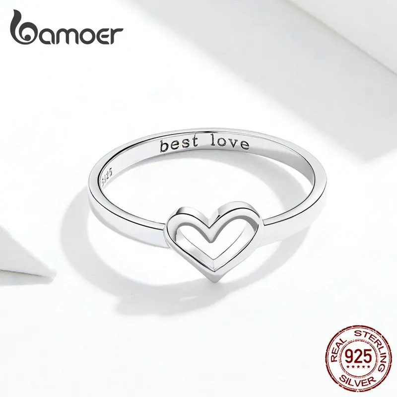 

bamoer Simple Minimalist Heart-shape Finger Rings for Women Best Love 925 Sterling Silver Fine Engagement Jewelry GXR578