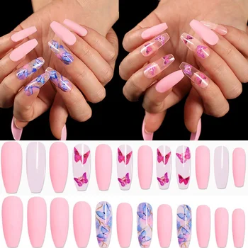 

24pcs/box Butterfly Pattern Fake Nails Long Stiletto Coffin False Nails Press On Nails Acrylic Fake Nail Tips Manicure Tools