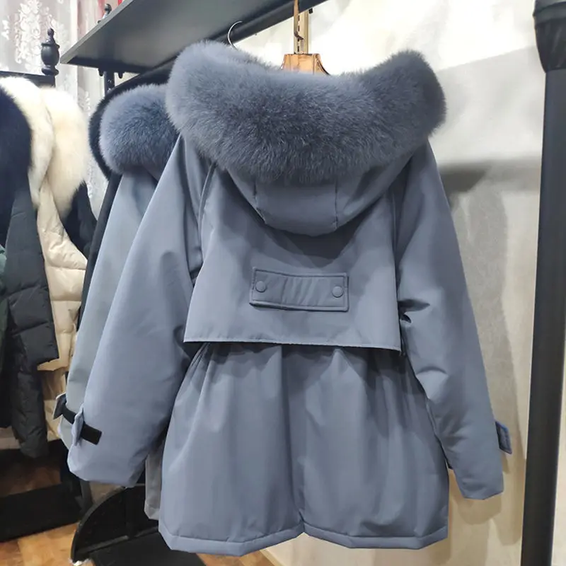 

2020 Large Natural Fox Fur Hooded Winter Jacket Women 90% White Duck Down Thick Parkas Warm Sash Tie Up Snow Coat Female Outwear