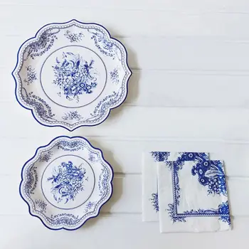 

36pcs Blue and white porcelain style Disposable Dinnerware Set Service for 8 Guest Holiday Christmas party X4YD