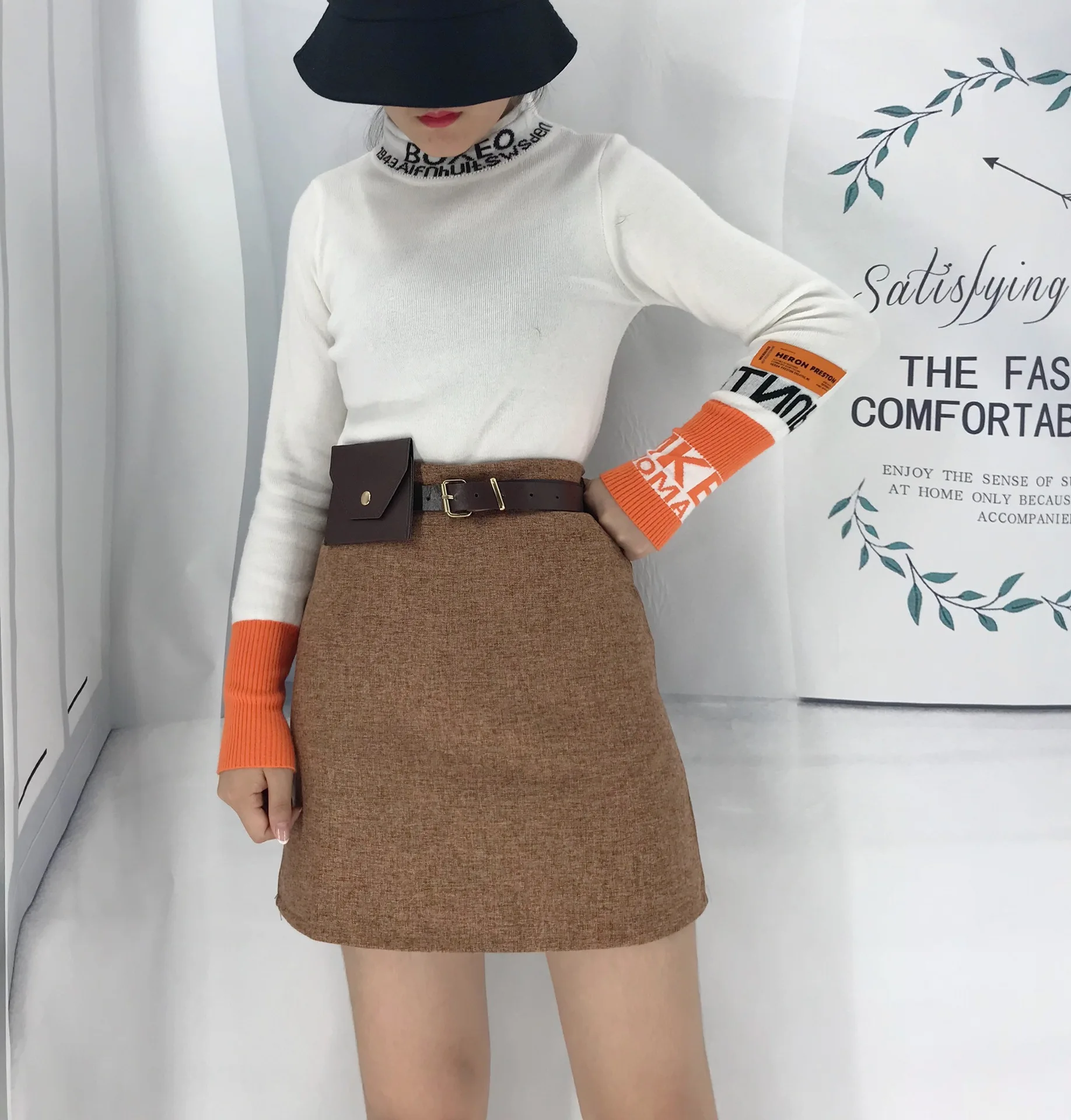 

Photo Shoot 2019 Autumn New Style Korean-style Retro High-waisted A- line Skirt Skirt Women's Fashion PU Leather Wallet Sheath S