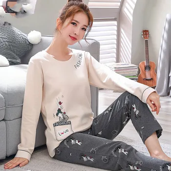

Autumn and winter cotton print women's pajamas round neck long-sleeved shirt long pants pajamas suit women pajamas girls pajamas