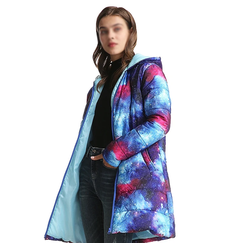 Зимняя женская куртка, плюс размер, парка, верхняя одежда, цветной космический Принт, пальто с капюшоном, длинное, свободное, складываемое пальто
