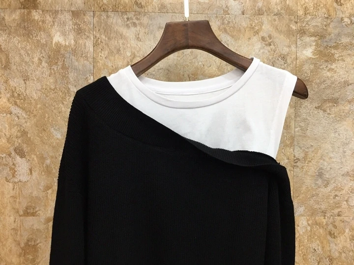 Ранняя осень женский воротник, сочетающиеся цвета, одно плечо, с длинными рукавами, куртка, вязаный свитер 923