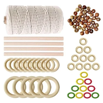 

Cotton Cord Yarn m,4 Wooden Sticks 35 Wooden Rings Wooden Beads for Wall Hanging Plant DIY Decoration Weaving Knitting