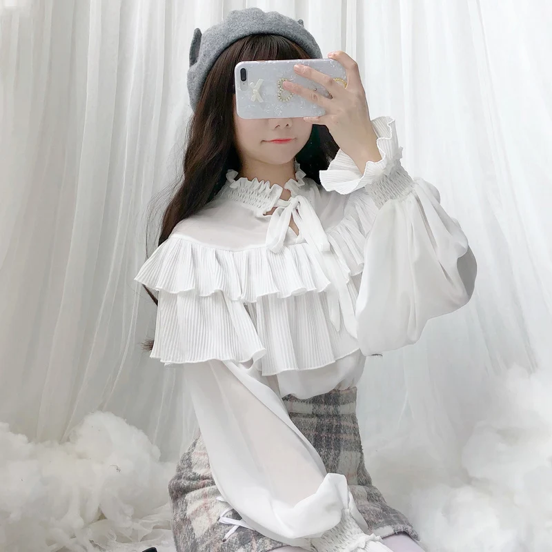 

Ruffled Chiffon Lantern Sleeves Long-Sleeved Lolita Shirt Lolita Daily Dress With A Soft Girl Base