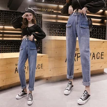 Плюс размеры для женщин в винтажном стиле; Узкие женские брюки с высокой талией джинсы Mujer femme feminino свободные шаровары комплект одежды джинсовые брюки женские A5614