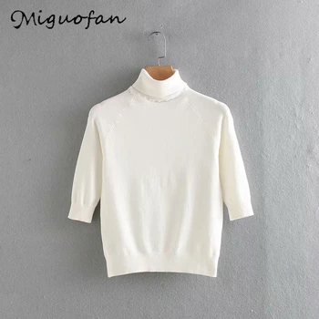 

Miguofan knitted pullovers thin sweater women sweaters three quarter sleeve turtleneckpullovers vintage jumper casual tops new