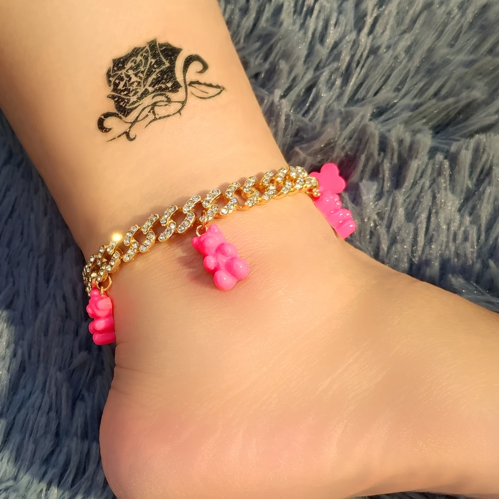 de oso de goma con cadena cubana brillante para mujer y niña, gruesa de diamantes de imitación, joyería Hip Hop para playa, regalo|Tobilleras| - AliExpress