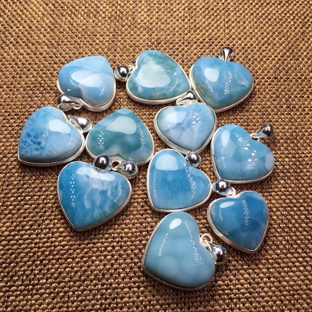 Натуральный кулон Larimar в форме сердца для S925 Серебряный край кварцевый кристалл